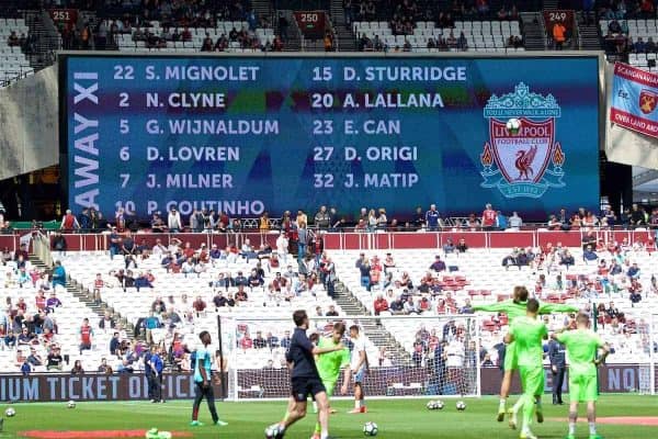 LONDON, ENGLAND - Sunday, May 14, 2017: Liverpool's xxxx in action against West Ham United during the FA Premier League match at the London Stadium. (Pic by David Rawcliffe/Propaganda)