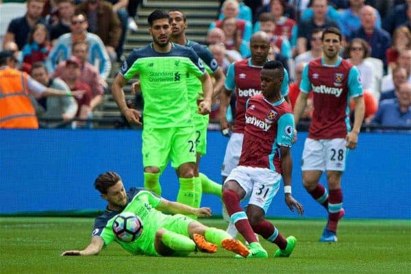 LONDON, ENGLAND - Sunday, May 14, 2017: Liverpool's Adam Lallana in action against West Ham United's Edimilson Fernandes during the FA Premier League match at the London Stadium. (Pic by David Rawcliffe/Propaganda)