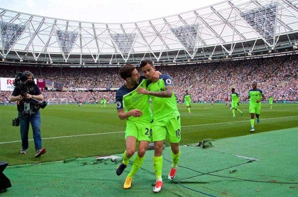 LONDON, ENGLAND - Sunday, May 14, 2017: Liverpool's Philippe Coutinho Correiacelebrates scoring the second goal against West Ham United with team-mate Adam Lallana [L] during the FA Premier League match at the London Stadium. (Pic by David Rawcliffe/Propaganda)