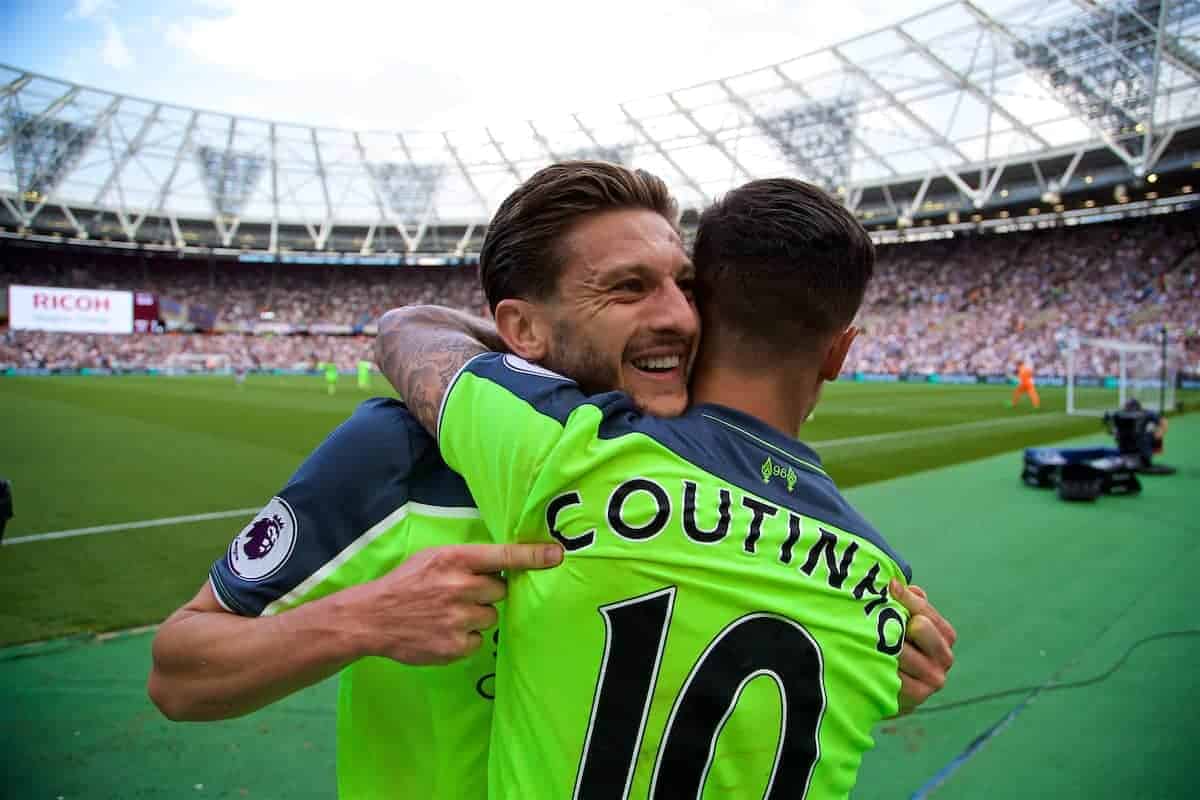 LONDON, ENGLAND - Sunday, May 14, 2017: Liverpool's Philippe Coutinho Correiacelebrates scoring the second goal against West Ham United with team-mate Adam Lallana [L] during the FA Premier League match at the London Stadium. (Pic by David Rawcliffe/Propaganda)