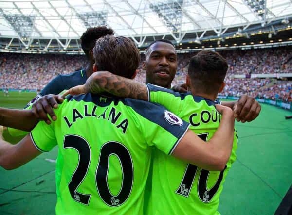 LONDON, ENGLAND - Sunday, May 14, 2017: Liverpool's Philippe Coutinho Correiacelebrates scoring the second goal against West Ham United with team-mates Adam Lallana and Daniel Sturridge during the FA Premier League match at the London Stadium. (Pic by David Rawcliffe/Propaganda)