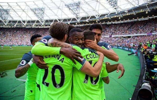 LONDON, ENGLAND - Sunday, May 14, 2017: Liverpool's Philippe Coutinho Correiacelebrates scoring the second goal against West Ham United with team-mates Adam Lallana and Daniel Sturridge during the FA Premier League match at the London Stadium. (Pic by David Rawcliffe/Propaganda)