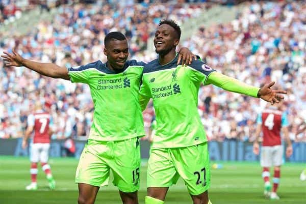 LONDON, ENGLAND - Sunday, May 14, 2017: Liverpool's Divock Origi celebrates scoring the fourth goal against West Ham United with team-mate Daniel Sturridge [L] during the FA Premier League match at the London Stadium. (Pic by David Rawcliffe/Propaganda)