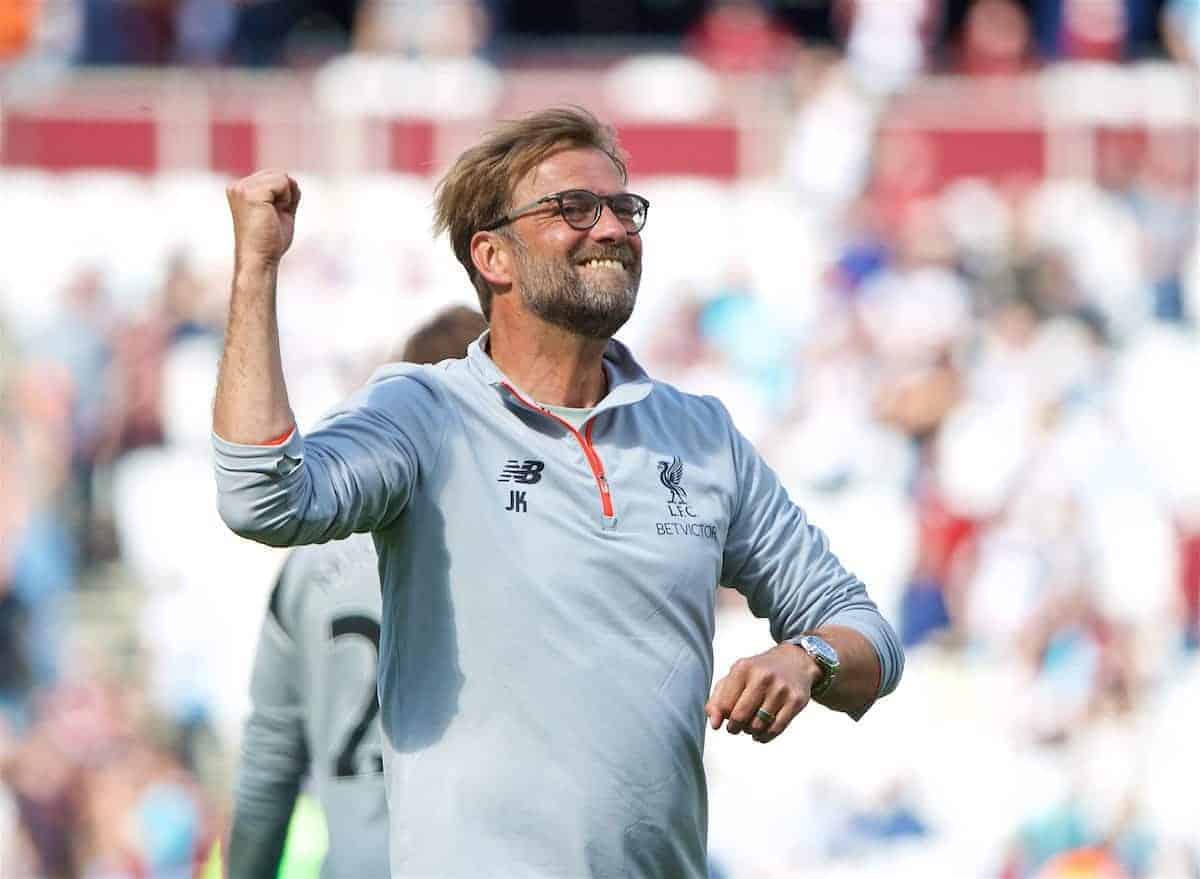 LONDON, ENGLAND - Sunday, May 14, 2017: Liverpool's manager Jürgen Klopp celebrates after his side's 4-0 victory over West Ham United during the FA Premier League match at the London Stadium. (Pic by David Rawcliffe/Propaganda)