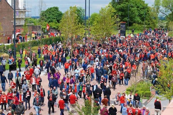 LIVERPOOL, ENGLAND - Sunday, May 21, 2017: Liverpool supporters outside Anfield ahead of the FA Premier League match between Liverpool and Middlesbrough. (Pic by David Rawcliffe/Propaganda)