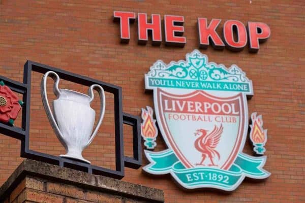 LIVERPOOL, ENGLAND - Sunday, May 21, 2017: A replica European Cup on the Paisley gates ion front of the Liverpool club crest on the Spion Kop as the Reds take on Middlesbrough to win a place in the UEFA Champions League, before the FA Premier League match at Anfield. (Pic by David Rawcliffe/Propaganda)