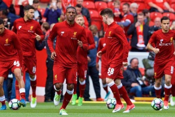 LIVERPOOL, ENGLAND - Sunday, May 21, 2017: Liverpool's Georginio Wijnaldum warms-up wearing the new 2017-18 training kit, before the FA Premier League match against Middlesbrough at Anfield. (Pic by David Rawcliffe/Propaganda)