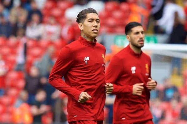 LIVERPOOL, ENGLAND - Sunday, May 21, 2017: Liverpool's Roberto Firmino warms-up wearing the new 2017-18 training kit, before the FA Premier League match against Middlesbrough at Anfield. (Pic by David Rawcliffe/Propaganda)