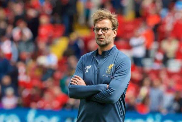 LIVERPOOL, ENGLAND - Sunday, May 21, 2017: Liverpool's manager Jürgen Klopp wearing the new 2017-18 training kit, before the FA Premier League match against Middlesbrough at Anfield. (Pic by David Rawcliffe/Propaganda)