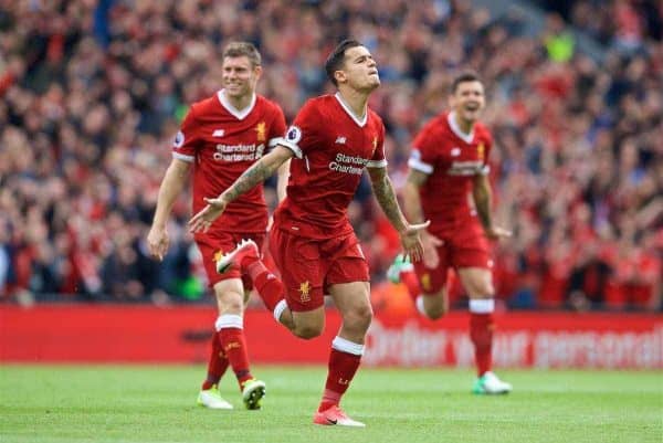 LIVERPOOL, ENGLAND - Sunday, May 21, 2017: Liverpool's Philippe Coutinho Correia scores the second goal against Middlesbrough during the FA Premier League match at Anfield. (Pic by David Rawcliffe/Propaganda)