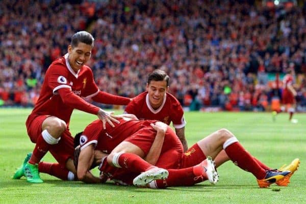 LIVERPOOL, ENGLAND - Sunday, May 21, 2017: Liverpool's Adam Lallana celebrates scoring the third goal against Middlesbrough during the FA Premier League match at Anfield. (Pic by David Rawcliffe/Propaganda)