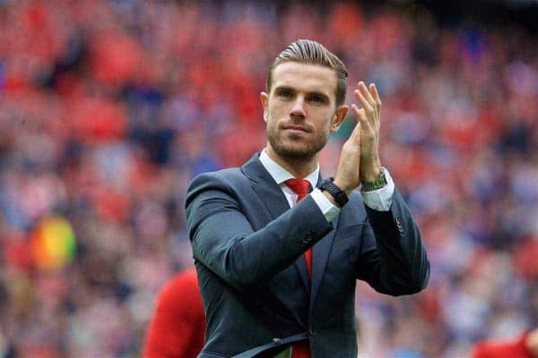 LIVERPOOL, ENGLAND - Sunday, May 21, 2017: Liverpool's captain Jordan Henderson waves to the supporters after the 3-0 victory over Middlesbrough during the FA Premier League match at Anfield. (Pic by David Rawcliffe/Propaganda)