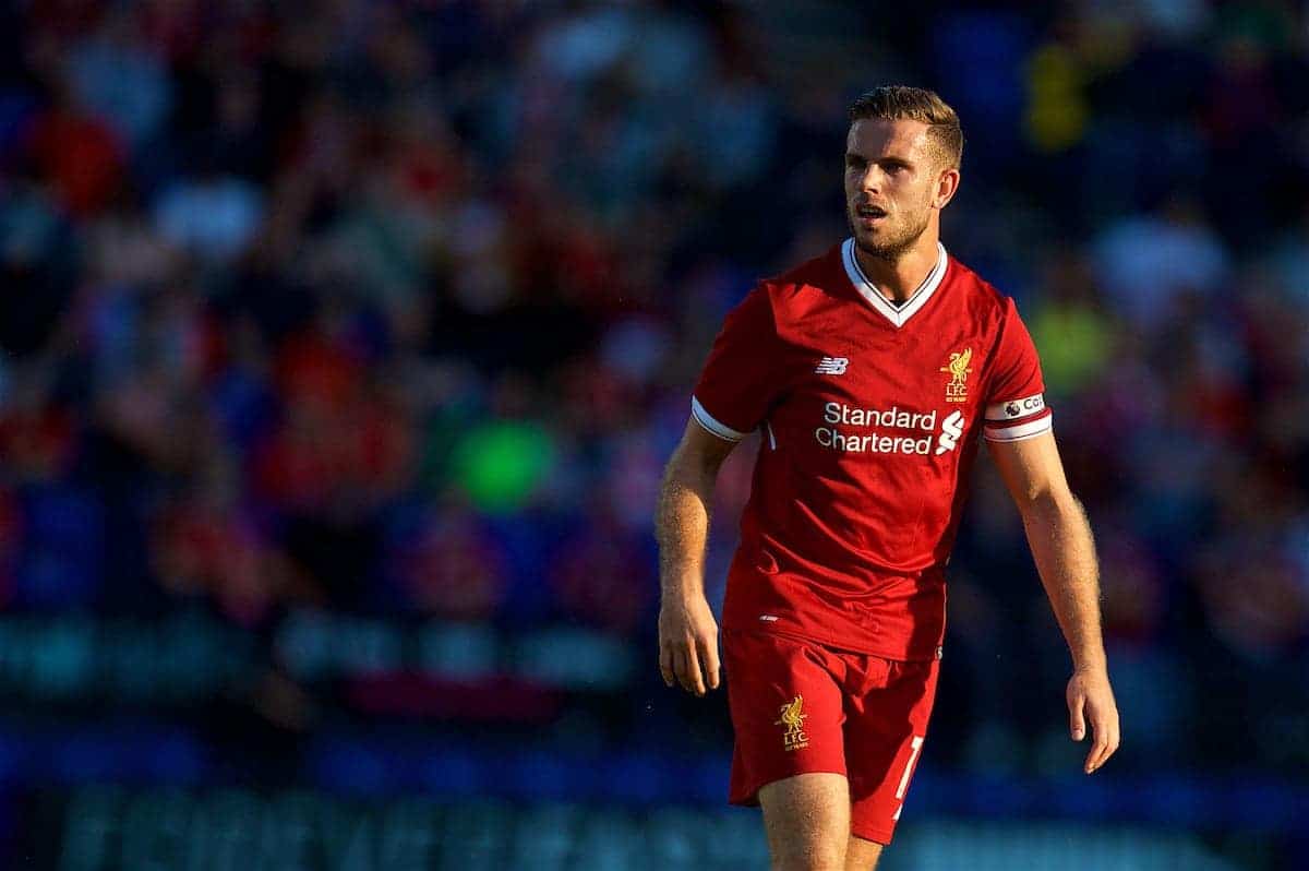 BIRKENHEAD, ENGLAND - Wednesday, July 12, 2017: Liverpool's captain Jordan Henderson in action against Tranmere Rovers during a preseason friendly match at Prenton Park. (Pic by David Rawcliffe/Propaganda)