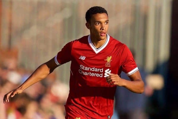 BIRKENHEAD, ENGLAND - Wednesday, July 12, 2017: Liverpool's Trent Alexander-Arnold in action against Tranmere Rovers during a preseason friendly match at Prenton Park. (Pic by David Rawcliffe/Propaganda)