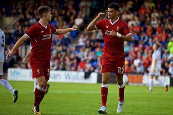 BIRKENHEAD, ENGLAND - Wednesday, July 12, 2017: Liverpool's Dominic Solanke [R] and Ben Woodburn celebrates their side's third goal against Tranmere Rovers during a preseason friendly match at Prenton Park. (Pic by David Rawcliffe/Propaganda)