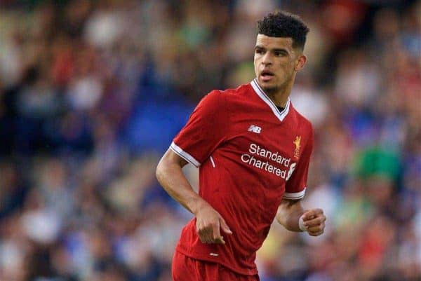 BIRKENHEAD, ENGLAND - Wednesday, July 12, 2017: Liverpool's Dominic Solanke in action against Tranmere Rovers during a preseason friendly match at Prenton Park. (Pic by David Rawcliffe/Propaganda)