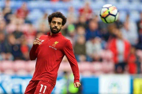 WIGAN, ENGLAND - Friday, July 14, 2017: Liverpool's new signing Mohamed Salah warms-up before a preseason friendly match against Wigan Athletic at the DW Stadium. (Pic by David Rawcliffe/Propaganda)