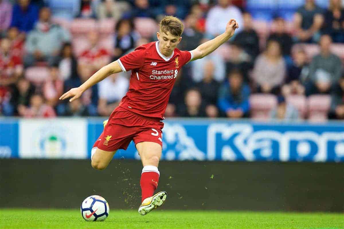 WIGAN, ENGLAND - Friday, July 14, 2017: Liverpool's Ben Woodburn in action against Wigan Athletic during a preseason friendly match at the DW Stadium. (Pic by David Rawcliffe/Propaganda)