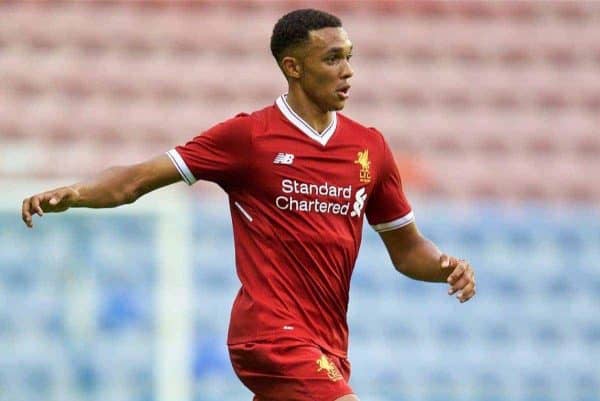 WIGAN, ENGLAND - Friday, July 14, 2017: Liverpool's Trent Alexander-Arnold in action against Wigan Athletic during a preseason friendly match at the DW Stadium. (Pic by David Rawcliffe/Propaganda)