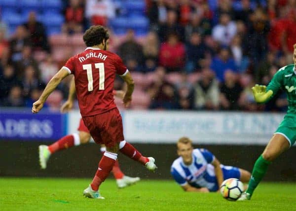 WIGAN, ENGLAND - Friday, July 14, 2017: Liverpool's Mohamed Salah scores the first equalising goal against Wigan Athletic during a preseason friendly match at the DW Stadium. (Pic by David Rawcliffe/Propaganda)