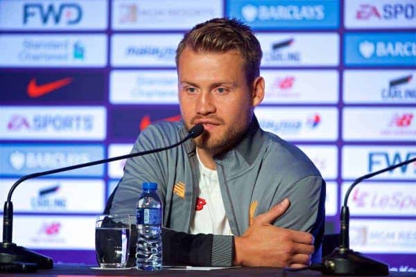 HONG KONG, CHINA - Tuesday, July 18, 2017: Liverpool's goalkeeper Simon Mignolet during a press conference at the Grand Hyatt Hotel Hong Kong ahead of the Premier League Asia Trophy 2017. (Pic by David Rawcliffe/Propaganda)