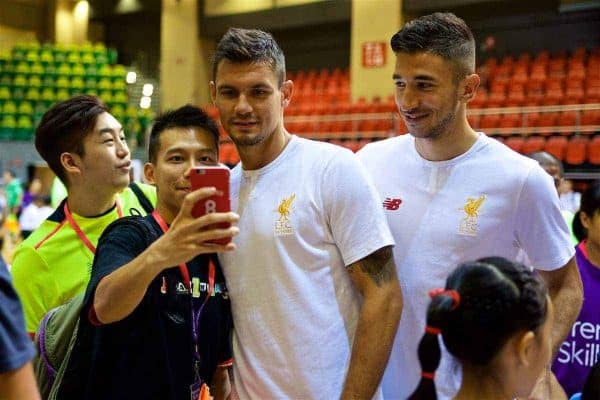 HONG KONG, CHINA - Tuesday, July 18, 2017: Liverpool's Dejan Lovren poses for a selfie during a Premier League skills kids event at the Macpherson Stadium ahead of the Premier League Asia Trophy 2017. (Pic by David Rawcliffe/Propaganda)