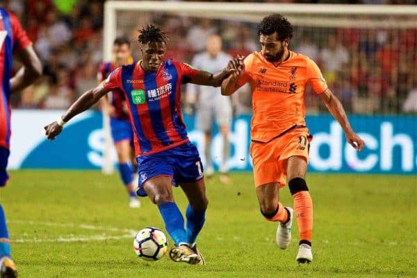 HONG KONG, CHINA - Wednesday, July 19, 2017: Liverpool's Mohamed Salah and Crystal Palace's Wilfried Zaha during the Premier League Asia Trophy match between Liverpool and Crystal Palace at the Hong Kong International Stadium. (Pic by David Rawcliffe/Propaganda)