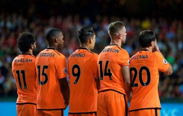 HONG KONG, CHINA - Wednesday, July 19, 2017: Liverpool's Mohamed Salah, Daniel Sturridge, Roberto Firmino, captain Jordan Henderson and Adam Lallana line-up for a defensive wall during the Premier League Asia Trophy match between Liverpool and Crystal Palace at the Hong Kong International Stadium. (Pic by David Rawcliffe/Propaganda)