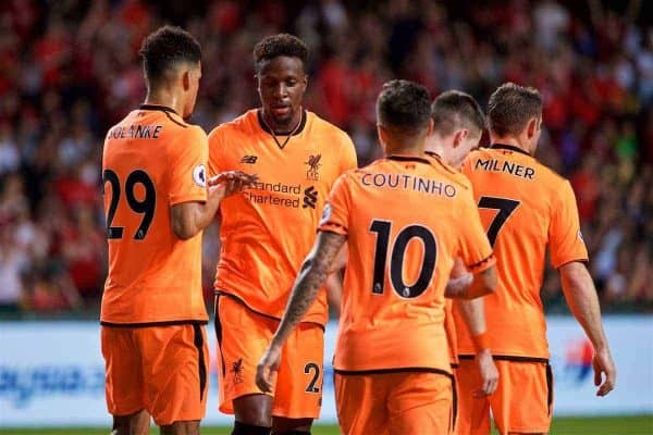 HONG KONG, CHINA - Wednesday, July 19, 2017: Liverpool's Divock Origi celebrates scoring the second goal against Crystal Palace during the Premier League Asia Trophy match between Liverpool and Crystal Palace at the Hong Kong International Stadium. (Pic by David Rawcliffe/Propaganda)