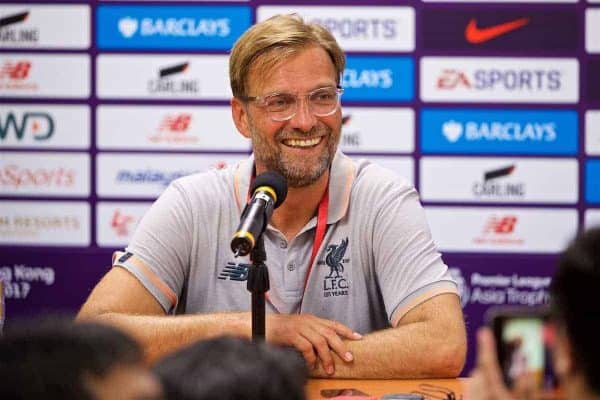 HONG KONG, CHINA - Wednesday, July 19, 2017: Liverpool's manager Jürgen Klopp during a post match press conference after the Premier League Asia Trophy match between Liverpool and Crystal Palace at the Hong Kong International Stadium. (Pic by David Rawcliffe/Propaganda)