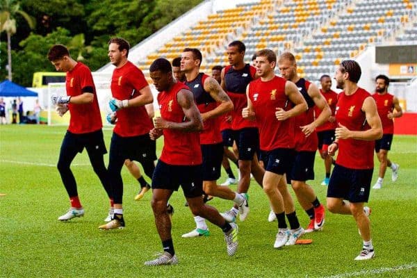 HONG KONG, CHINA - Friday, July 21, 2017: Liverpool players Georginio Wijnaldum and Jon Flanagan during a training session at the Mong Kok Stadium during the Premier League Asia Trophy 2017. (Pic by David Rawcliffe/Propaganda)