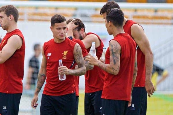 HONG KONG, CHINA - Friday, July 21, 2017: Liverpool's Philippe Coutinho Correia and Roberto Firmino during a training session at the Mong Kok Stadium during the Premier League Asia Trophy 2017. (Pic by David Rawcliffe/Propaganda)