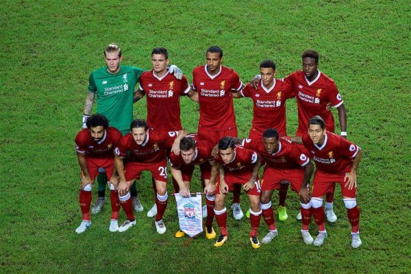 HONG KONG, CHINA - Saturday, July 22, 2017: Liverpool players line-up for a team group photograph before the Premier League Asia Trophy final match between Liverpool and Leicester City at the Hong Kong International Stadium. (Pic by David Rawcliffe/Propaganda)