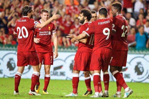 HONG KONG, CHINA - Saturday, July 22, 2017: Liverpool's Mohamed Salah celebrates scoring the first equalising goal during the Premier League Asia Trophy final match between Liverpool and Leicester City at the Hong Kong International Stadium. (Pic by David Rawcliffe/Propaganda)