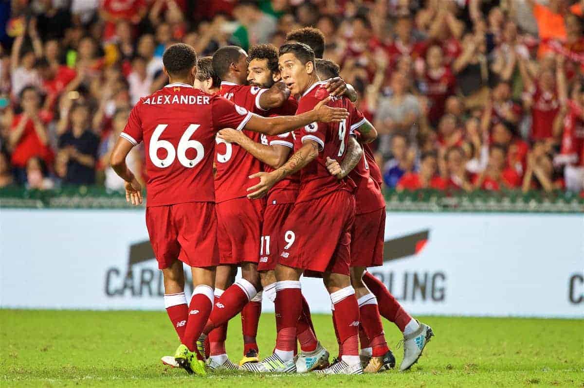 HONG KONG, CHINA - Saturday, July 22, 2017: Liverpool's Mohamed Salah celebrates scoring the first equalising goal during the Premier League Asia Trophy final match between Liverpool and Leicester City at the Hong Kong International Stadium. (Pic by David Rawcliffe/Propaganda)