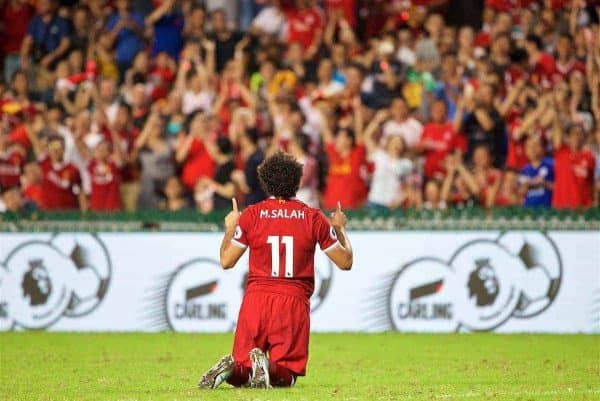 HONG KONG, CHINA - Saturday, July 22, 2017: Liverpool's Mohamed Salah celebrates scoring the first equalising goal during the Premier League Asia Trophy final match between Liverpool and Leicester City at the Hong Kong International Stadium. (Pic by David Rawcliffe/Propaganda)