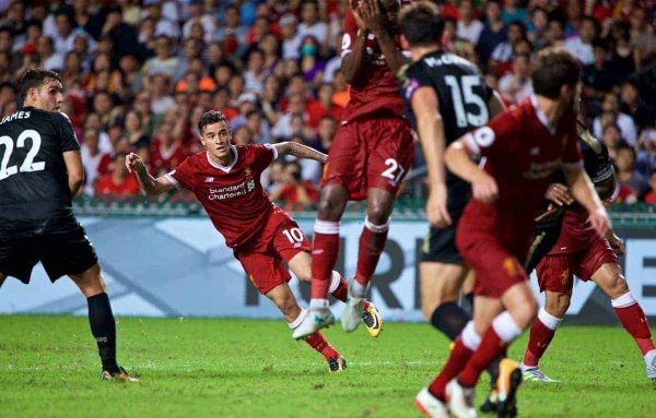 HONG KONG, CHINA - Saturday, July 22, 2017: Liverpool's Philippe Coutinho Correia scores the second goal during the Premier League Asia Trophy final match between Liverpool and Leicester City at the Hong Kong International Stadium. (Pic by David Rawcliffe/Propaganda)