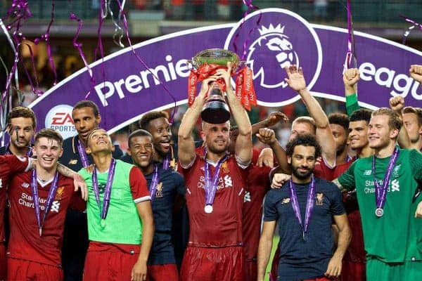 HONG KONG, CHINA - Saturday, July 22, 2017: Liverpool's captain Jordan Henderson lifts the trophy after beating Leicester City 2-1 during the Premier League Asia Trophy final match between Liverpool and Leicester City at the Hong Kong International Stadium. (Pic by David Rawcliffe/Propaganda)