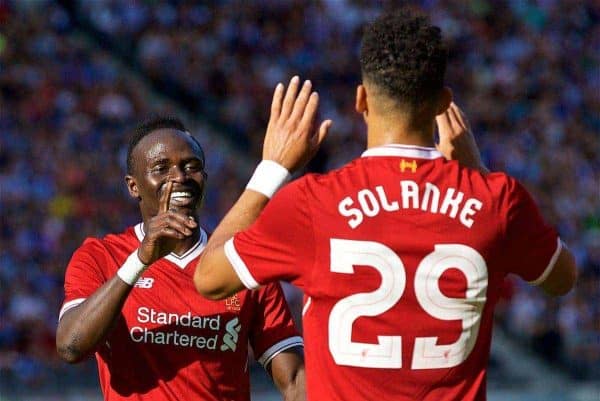 BERLIN, GERMANY - Saturday, July 29, 2017: Liverpool's Dominic Solanke celebrates scoring the first goal during a preseason friendly match celebrating 125 years of football for Liverpool and Hertha BSC Berlin at the Olympic Stadium. (Pic by David Rawcliffe/Propaganda)