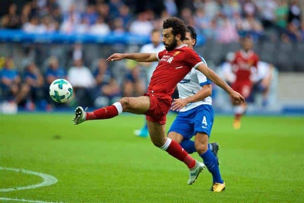 BERLIN, GERMANY - Saturday, July 29, 2017: Liverpool's Mohamed Salah scores the third goal during a preseason friendly match celebrating 125 years of football for Liverpool and Hertha BSC Berlin at the Olympic Stadium. (Pic by David Rawcliffe/Propaganda)