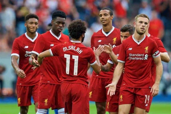 BERLIN, GERMANY - Saturday, July 29, 2017: Liverpool's Mohamed Salah celebrates scoring the third goal during a preseason friendly match celebrating 125 years of football for Liverpool and Hertha BSC Berlin at the Olympic Stadium. (Pic by David Rawcliffe/Propaganda)