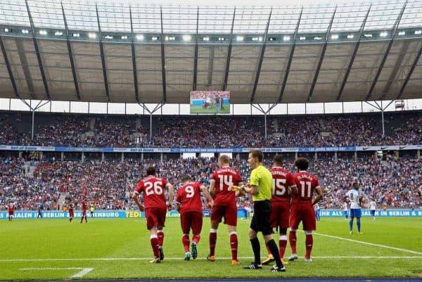 BERLIN, GERMANY - Saturday, July 29, 2017: Liverpool make five substitute changes at half-time bringing on Andy Robertson, Roberto Firmino, captain Jordan Henderson, Daniel Sturridge and Mohamed Salah during a preseason friendly match celebrating 125 years of football for Liverpool and Hertha BSC Berlin at the Olympic Stadium. (Pic by David Rawcliffe/Propaganda)