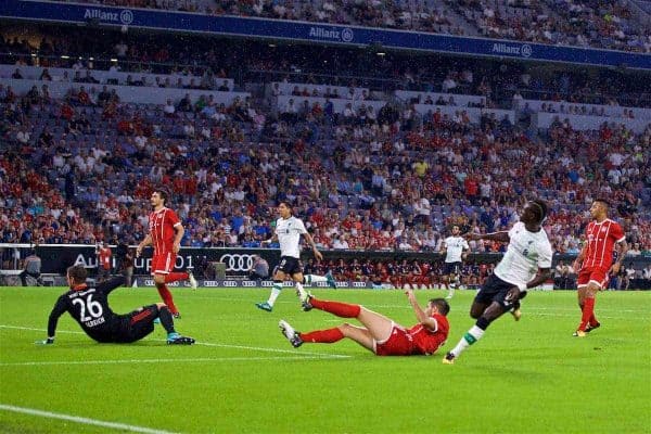 MUNICH, GERMANY - Tuesday, August 1, 2017: Liverpool's Sadio Mane scores the first goal during the Audi Cup 2017 match between FC Bayern Munich and Liverpool FC at the Allianz Arena. (Pic by David Rawcliffe/Propaganda)