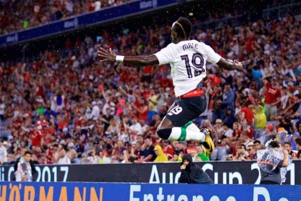 MUNICH, GERMANY - Tuesday, August 1, 2017: Liverpool's Sadio Mane celebrates scoring the first goal during the Audi Cup 2017 match between FC Bayern Munich and Liverpool FC at the Allianz Arena. (Pic by David Rawcliffe/Propaganda)