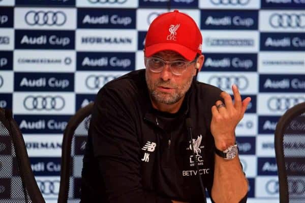 MUNICH, GERMANY - Tuesday, August 1, 2017: Liverpool's manager Jürgen Klopp during a post-match press conference after beating Bayern Munich 3-0 during the Audi Cup 2017 match between FC Bayern Munich and Liverpool FC at the Allianz Arena. (Pic by David Rawcliffe/Propaganda)