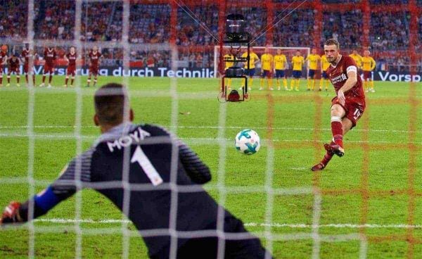 MUNICH, GERMANY - Wednesday, August 2, 2017: Liverpool's captain Jordan Henderson sees his penalty saved by Atlético de Madrid's goalkeeper Miguel Angel Moya during a shoot out to decide the Audi Cup 2017 final match between Liverpool FC and Atlético de Madrid's at the Allianz Arena. (Pic by David Rawcliffe/Propaganda)c