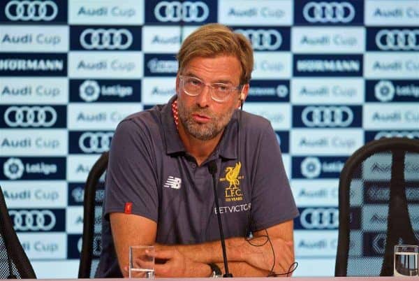 MUNICH, GERMANY - Wednesday, August 2, 2017: Liverpool's manager Jürgen Klopp during a post-match press conference following the Audi Cup 2017 final match between Liverpool FC and Atlético de Madrid's at the Allianz Arena. (Pic by David Rawcliffe/Propaganda)