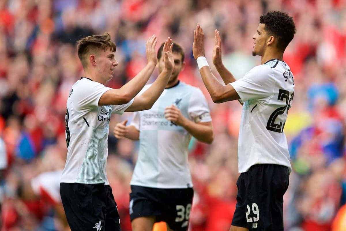 DUBLIN, REPUBLIC OF IRELAND - Saturday, August 5, 2017: Liverpool's Dominic Solanke celebrates scoring the third goal with team-mate Ben Woodburn during a preseason friendly match between Athletic Club Bilbao and Liverpool at the Aviva Stadium. (Pic by David Rawcliffe/Propaganda)