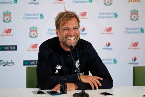 DUBLIN, REPUBLIC OF IRELAND - Saturday, August 5, 2017: Liverpool's manager Jürgen Klopp speaks to the media during a post-match press conference after a preseason friendly match between Athletic Club Bilbao and Liverpool at the Aviva Stadium. (Pic by David Rawcliffe/Propaganda)