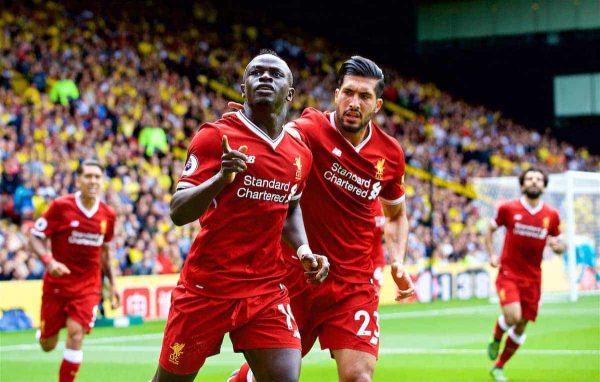 WATFORD, ENGLAND - Saturday, August 12, 2017: Liverpool's Sadio Mane celebrates scoring the first equalising goal during the FA Premier League match between Watford and Liverpool at Vicarage Road. (Pic by David Rawcliffe/Propaganda)